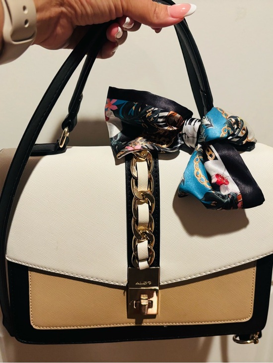 Aldo Handbags - ALDO Classic Two-Tone Satchel Handbag with Scarf Accent - Cream & Tan